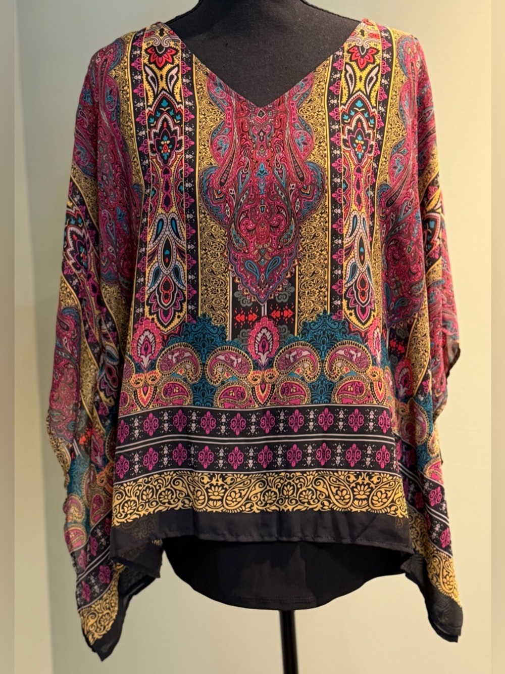 Paisley V-Neck Tunic Top in Magenta and Teal